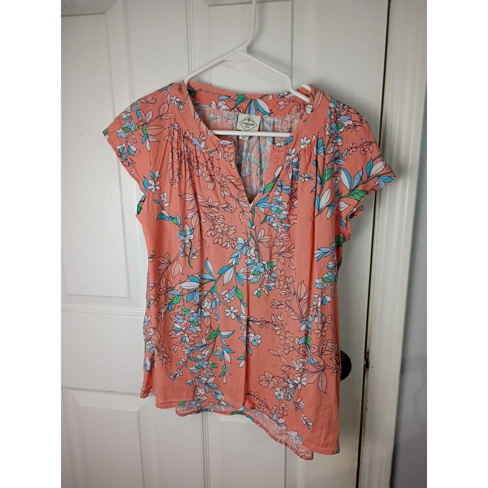 St Johns Bay Woman PM Popover Floral V Neck  Cottage Core Pintucks Cap Sleeve